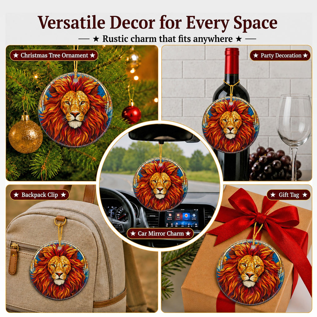 Lion Christmas Ornament, Fiery Mosaic Mane Big Cat Gift, Ceramic Hanging Tree Decoration