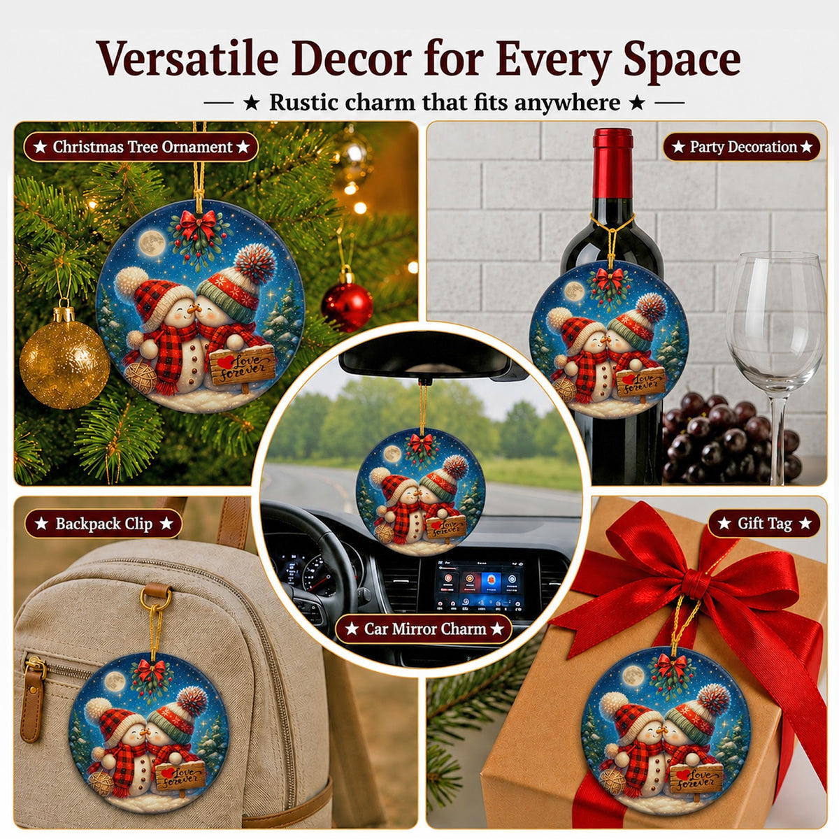 Couple Christmas Ornament, Snowman Pair Mistletoe Love Gift, Ceramic Hanging Tree Decoration