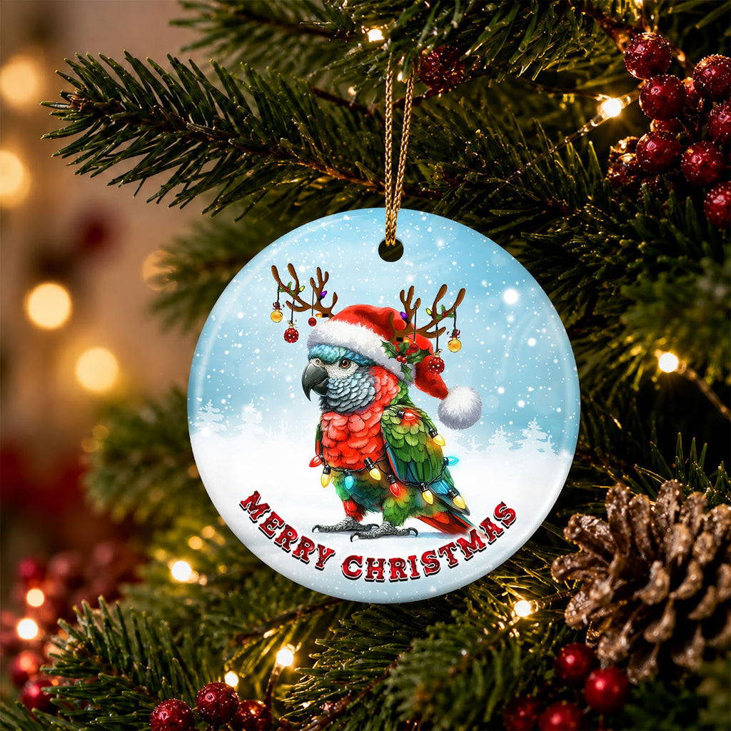 Parrot Christmas Ornament, Santa Hat Tropical Bird Gift, Ceramic Hanging Tree Decoration