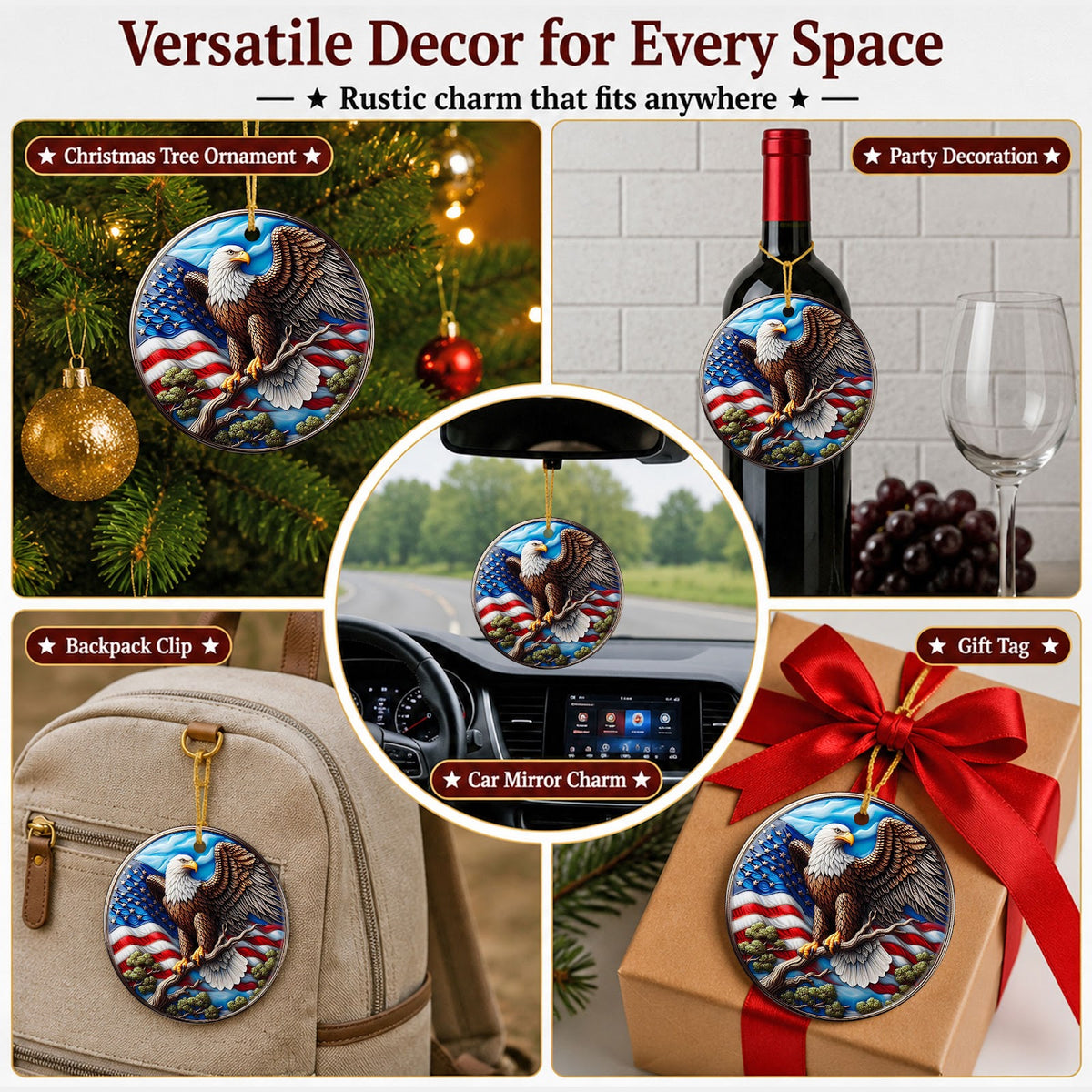 Eagle Christmas Ornament, American Flag Patriotic Gift, Ceramic Hanging Tree Decoration