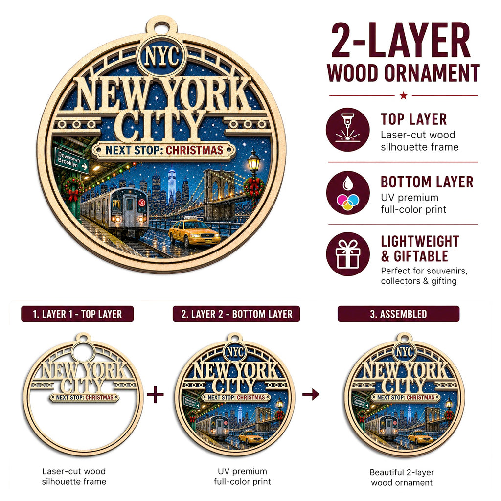 New York City Christmas Ornament, Manhattan Skyline Travel Souvenir Gift, Wood Tree Decoration