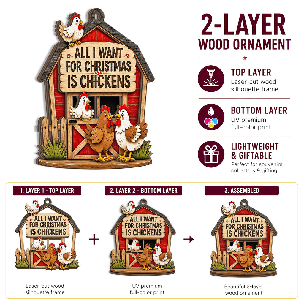 Chicken All I Want Christmas Ornament, Stocking Stuffer For Chicken Lover, Wood Tree Decoration
