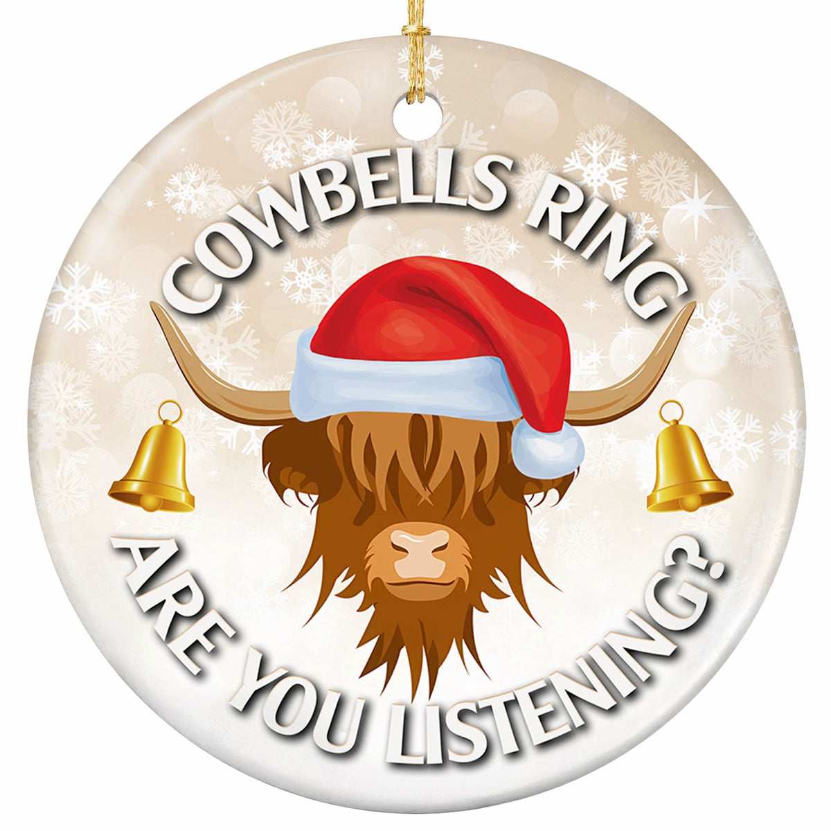 Shaggy Highland Cow in a Santa Hat With a Gold Bell Hanging From Each Horn. Ceramic Keepsake for Cow Lovers.