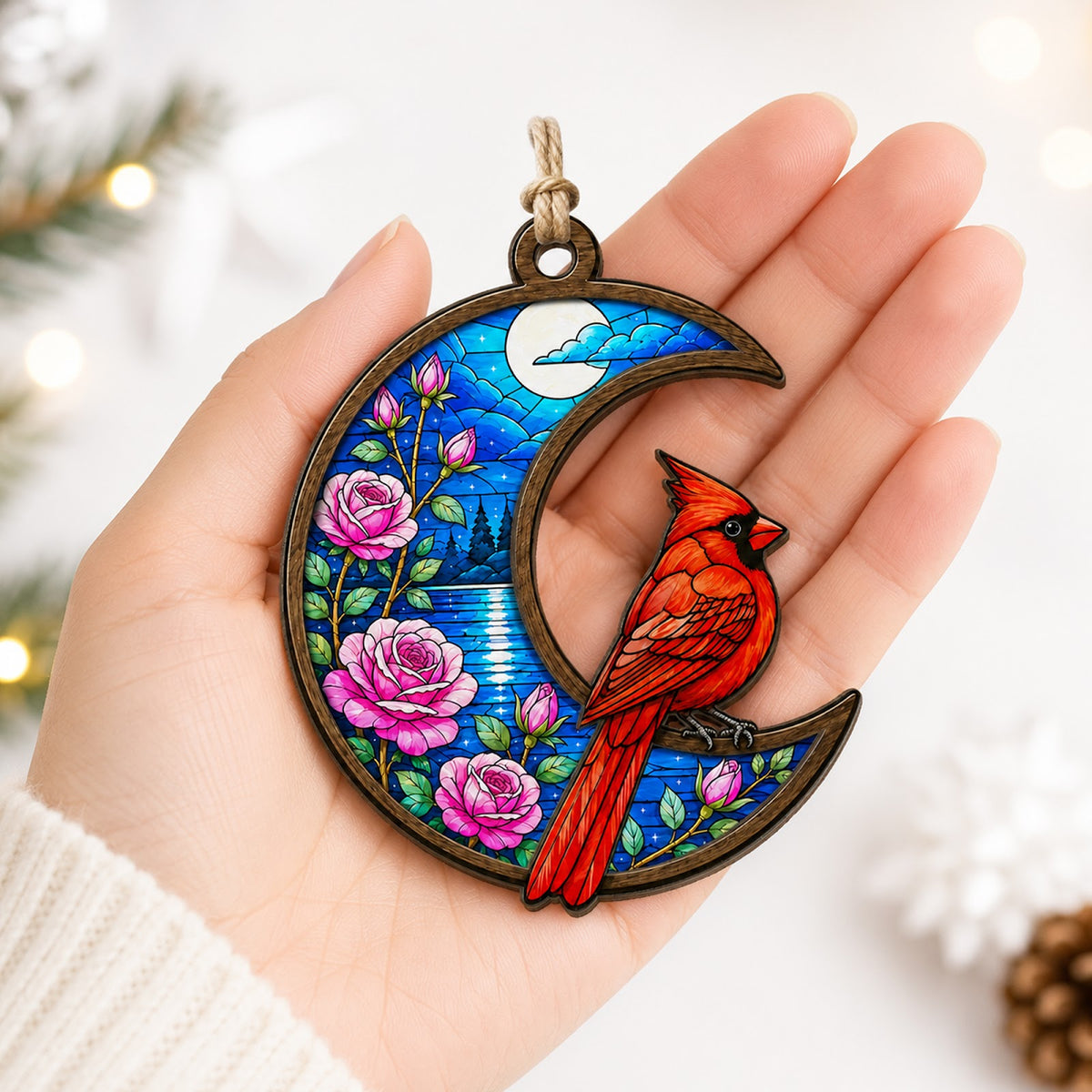Cardinal Moon Christmas Ornament, Bird Lover Holiday Gift, Wood Hanging Tree Decoration