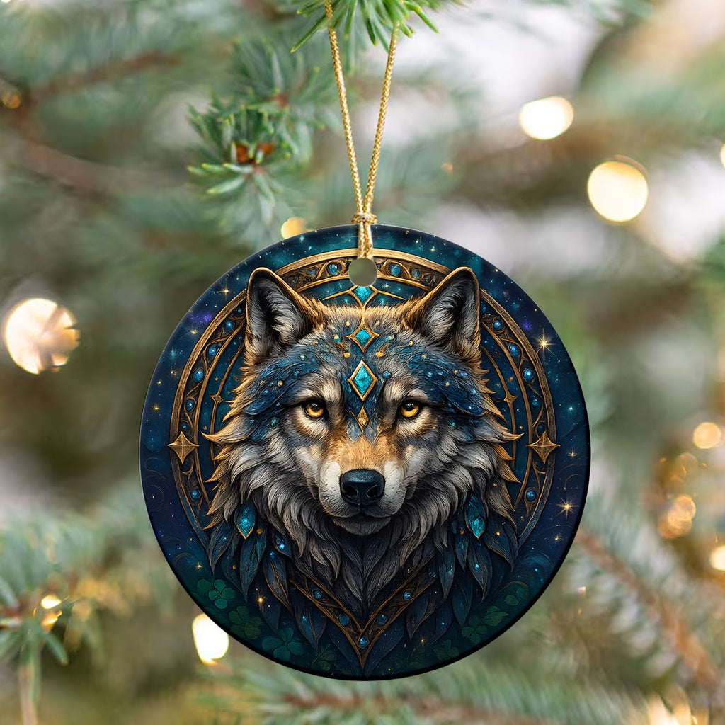 Wolf Christmas Ornament, Celestial Mystical Gothic Gift, Ceramic Hanging Tree Decoration