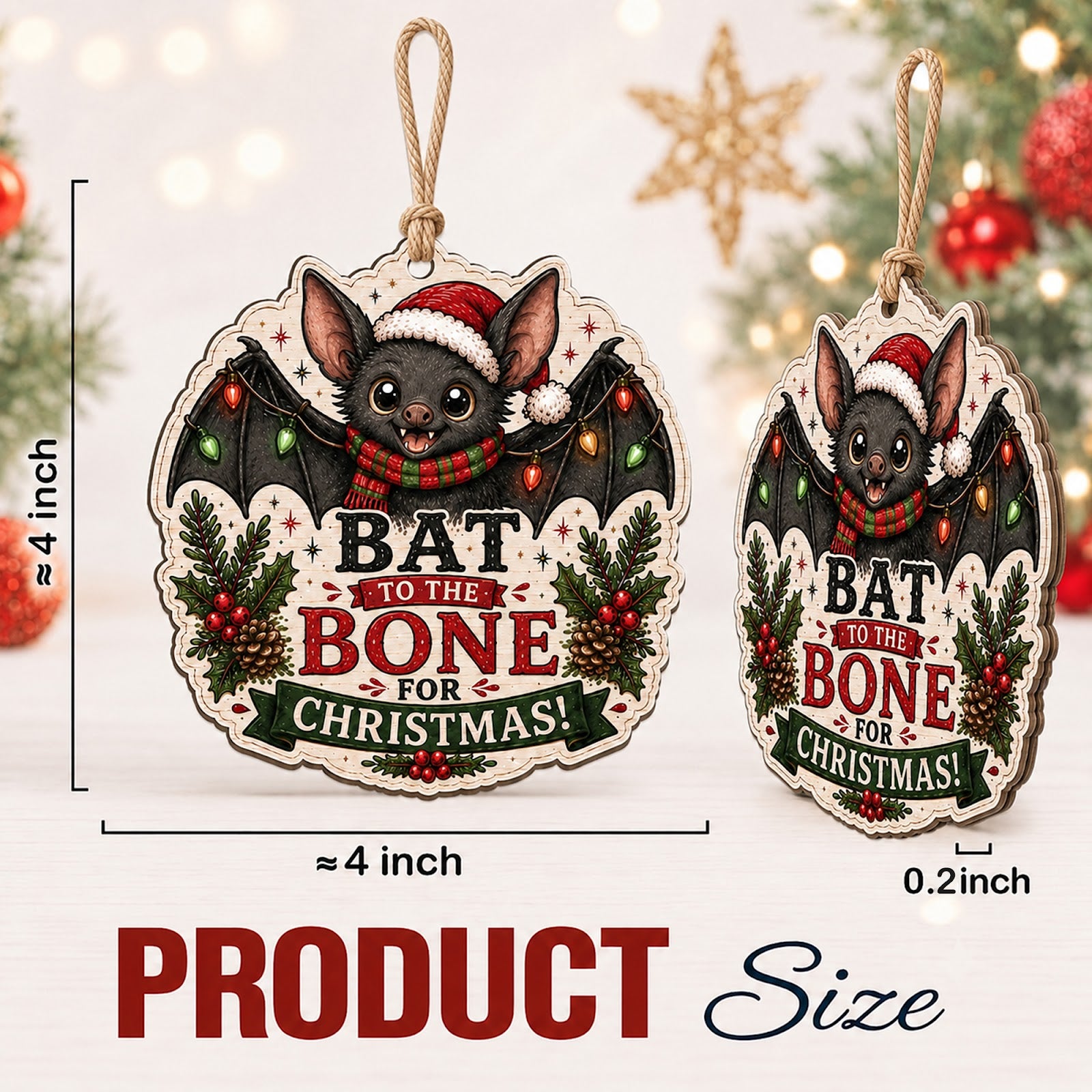 Bat Christmas Ornament, Stocking Stuffer For Unique Animal Fan, Wood Hanging Tree Decoration