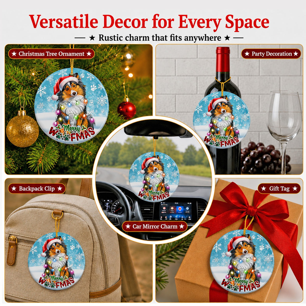 Sheltie Christmas Ornament, Merry Woofmas Collie Gift, Ceramic Hanging Tree Decoration