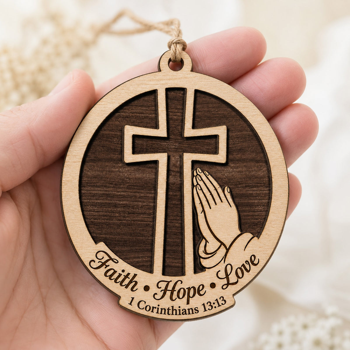 Faith Hope Love Christmas Ornament, Christian Holiday Gift, Wood Hanging Tree Decoration