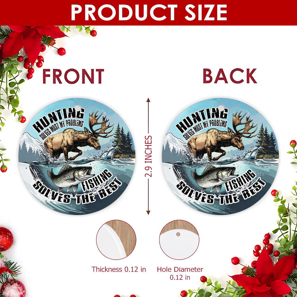 Hunting Christmas Ornament, Funny Moose Fishing Humor Gift, Ceramic Hanging Tree Decoration