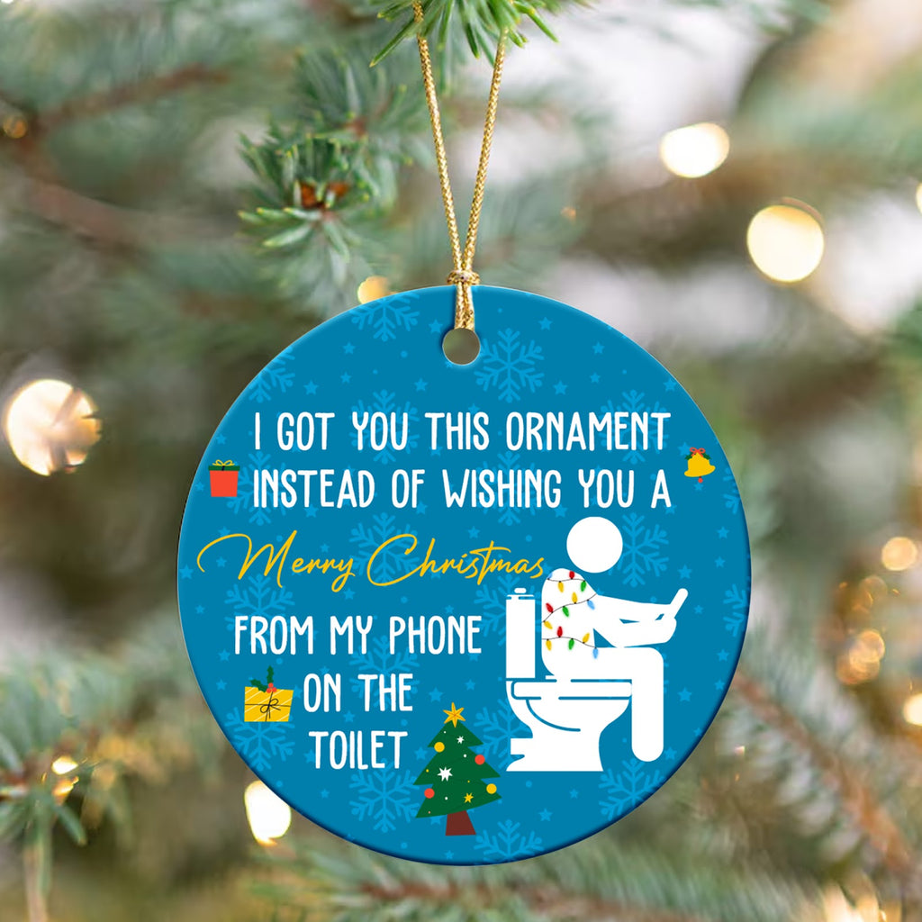 Funny Christmas Ornament, Phone On The Toilet Gag Gift, Ceramic Hanging Tree Decoration