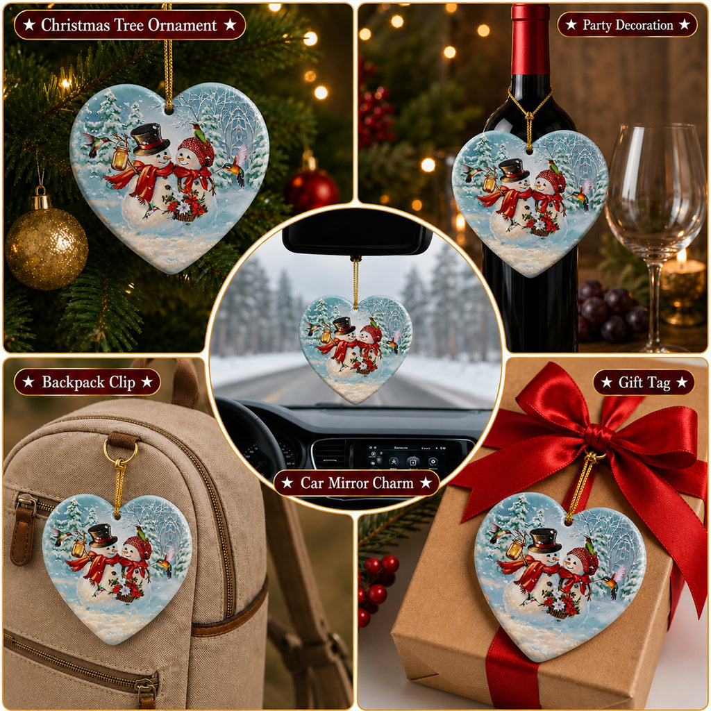 Snowman Couple Christmas Ornament, Hummingbird Heart Shaped Gift, Ceramic Tree Decoration