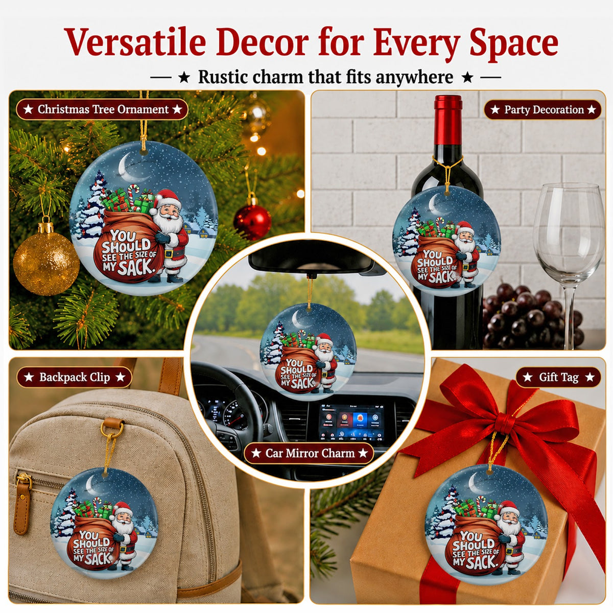 Funny Santa Christmas Ornament, Cheeky Gift Sack Novelty, Ceramic Hanging Tree Decoration