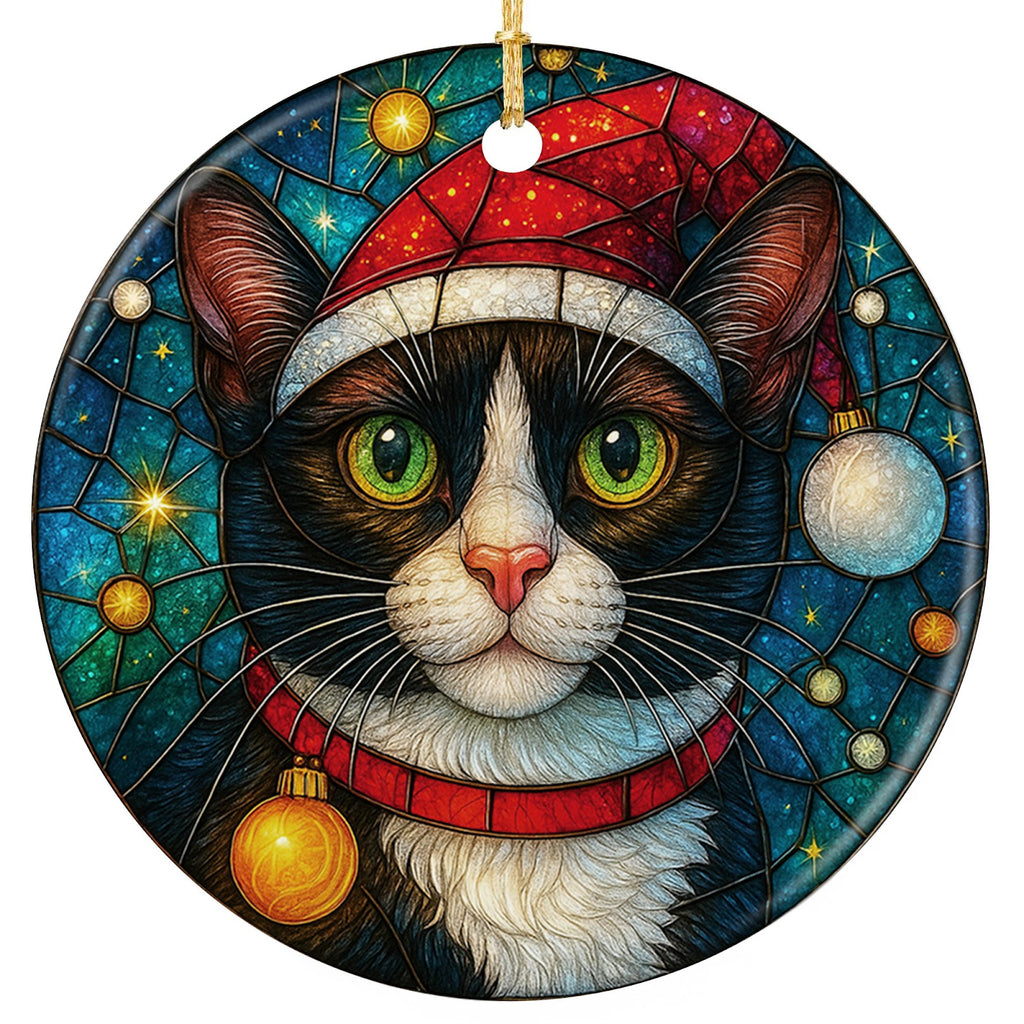 Black and White Tuxedo Cat in a Santa Hat With Green Eyes. Ceramic Keepsake for Cat Owners.