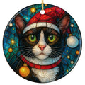 Black and White Tuxedo Cat in a Santa Hat With Green Eyes. Ceramic Keepsake for Cat Owners.