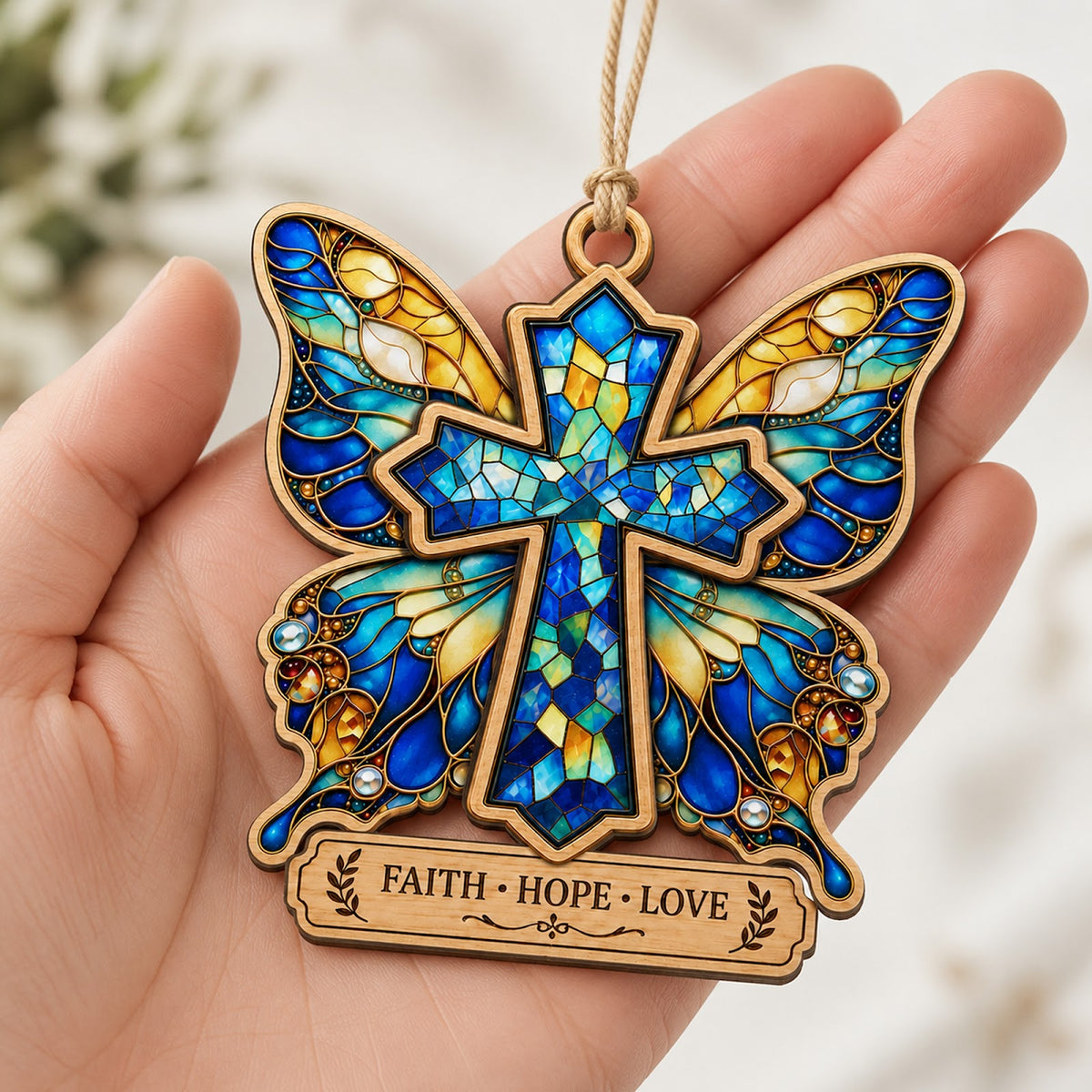 Butterfly Faith Christmas Ornament, Inspirational Christian Gift, Wood Hanging Tree Decoration