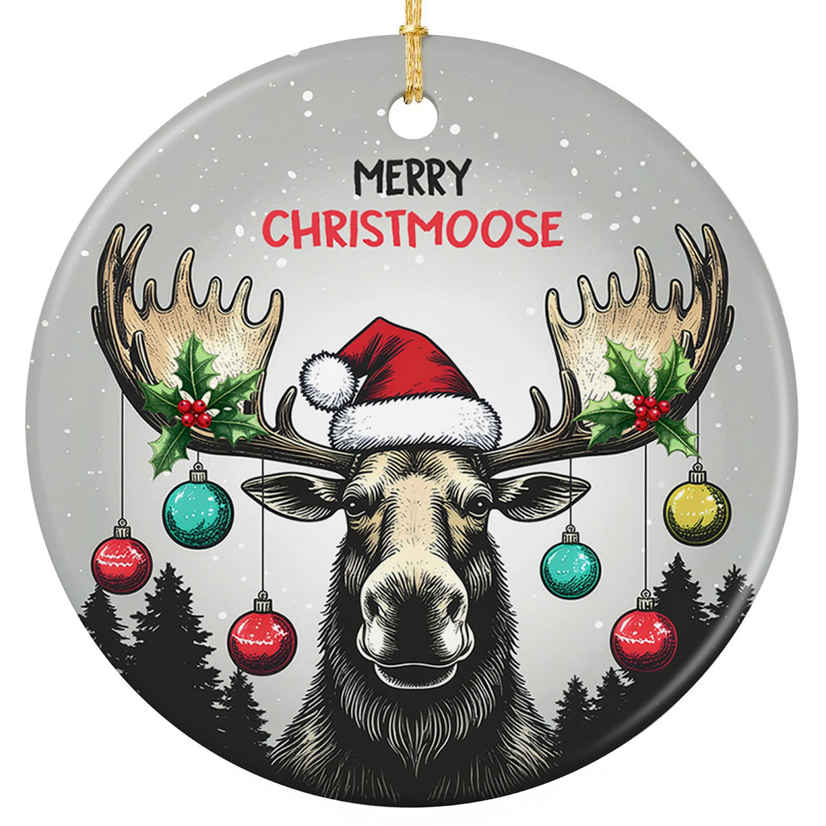 Moose Head in a Santa Hat With Holly and Baubles Hung From Its Antlers. Ceramic Keepsake for Cabin Decor.