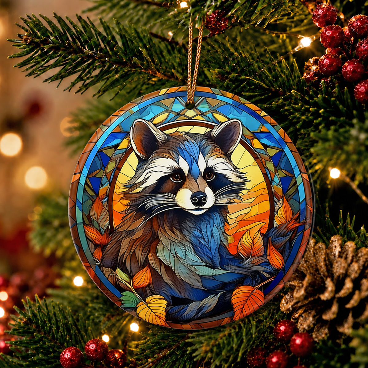 Raccoon Christmas Ornament, Stained Glass Woodland Gift, Ceramic Hanging Tree Decoration