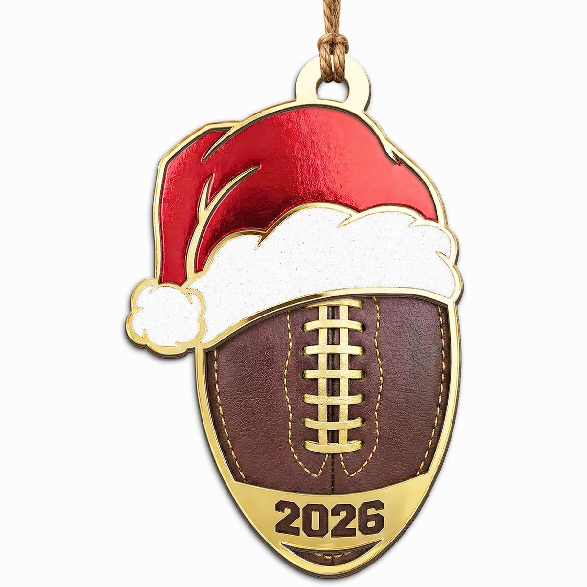 Shows a Football with a Santa Hat and Gold Shield Border Engraved 2026. Festive Gift for Football Fans, Coaches, and Pla
