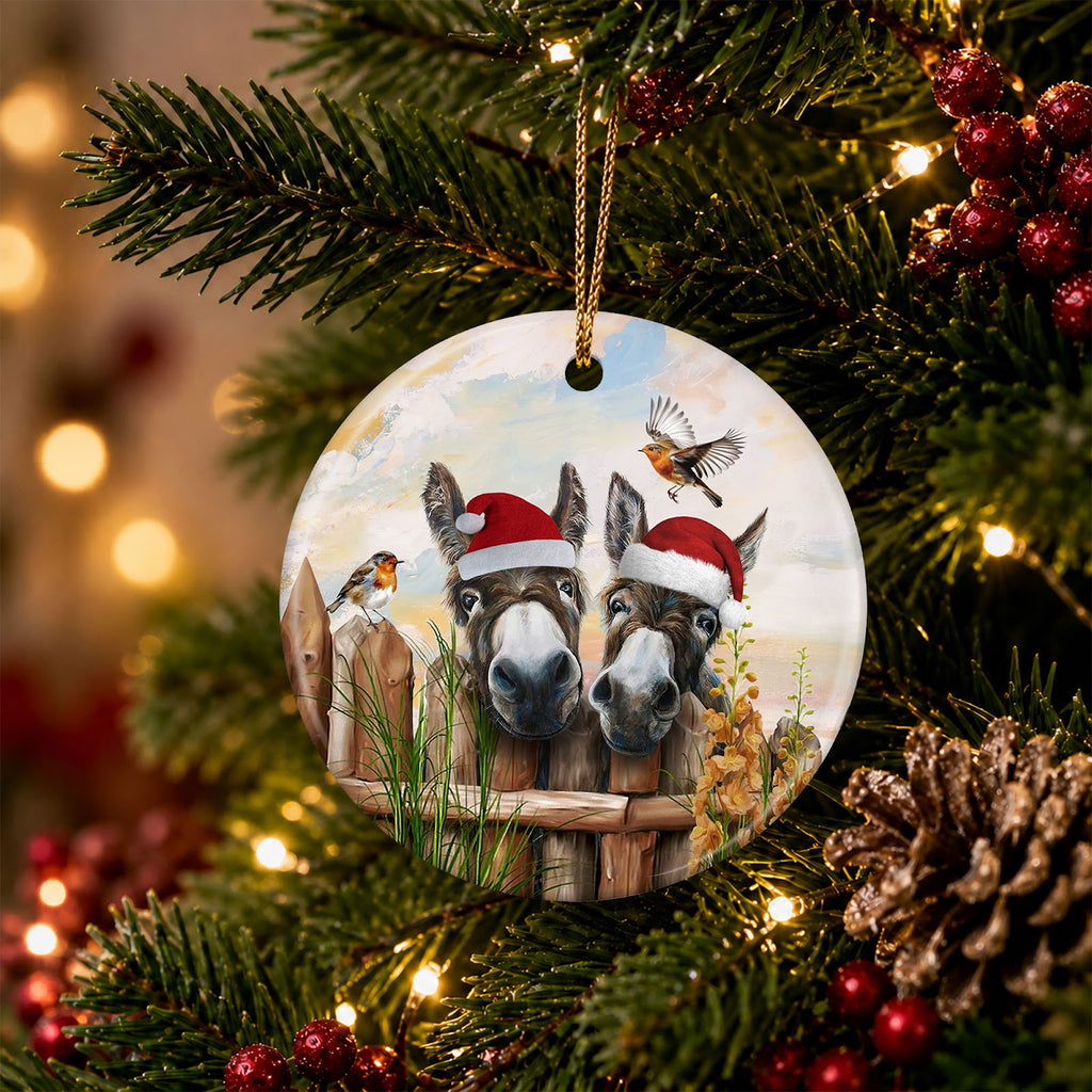 Donkey Christmas Ornament, Two Donkeys Farm Robin Gift, Ceramic Hanging Tree Decoration