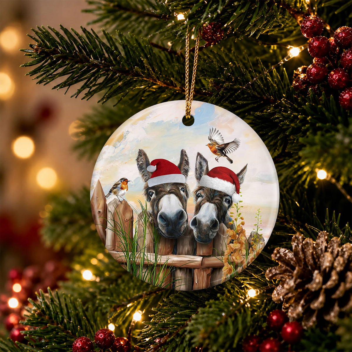 Donkey Christmas Ornament, Two Donkeys Farm Robin Gift, Ceramic Hanging Tree Decoration