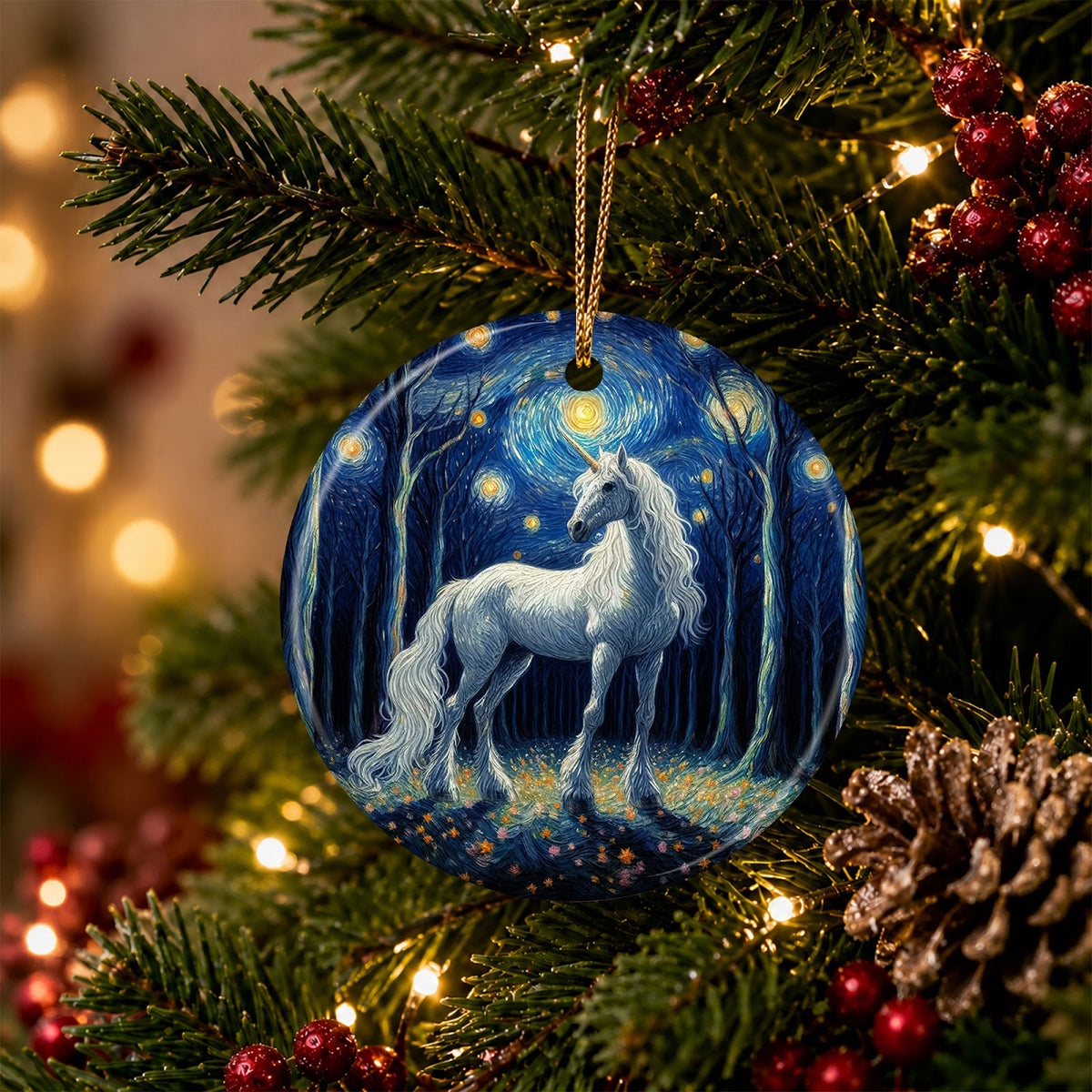 Unicorn Christmas Ornament, Starry Night Painterly Gift, Ceramic Hanging Tree Decoration