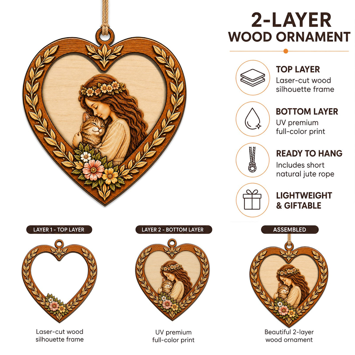 Girl Love Cat Christmas Ornament, Gift For Cat Girl, Wood Hanging Tree Decoration