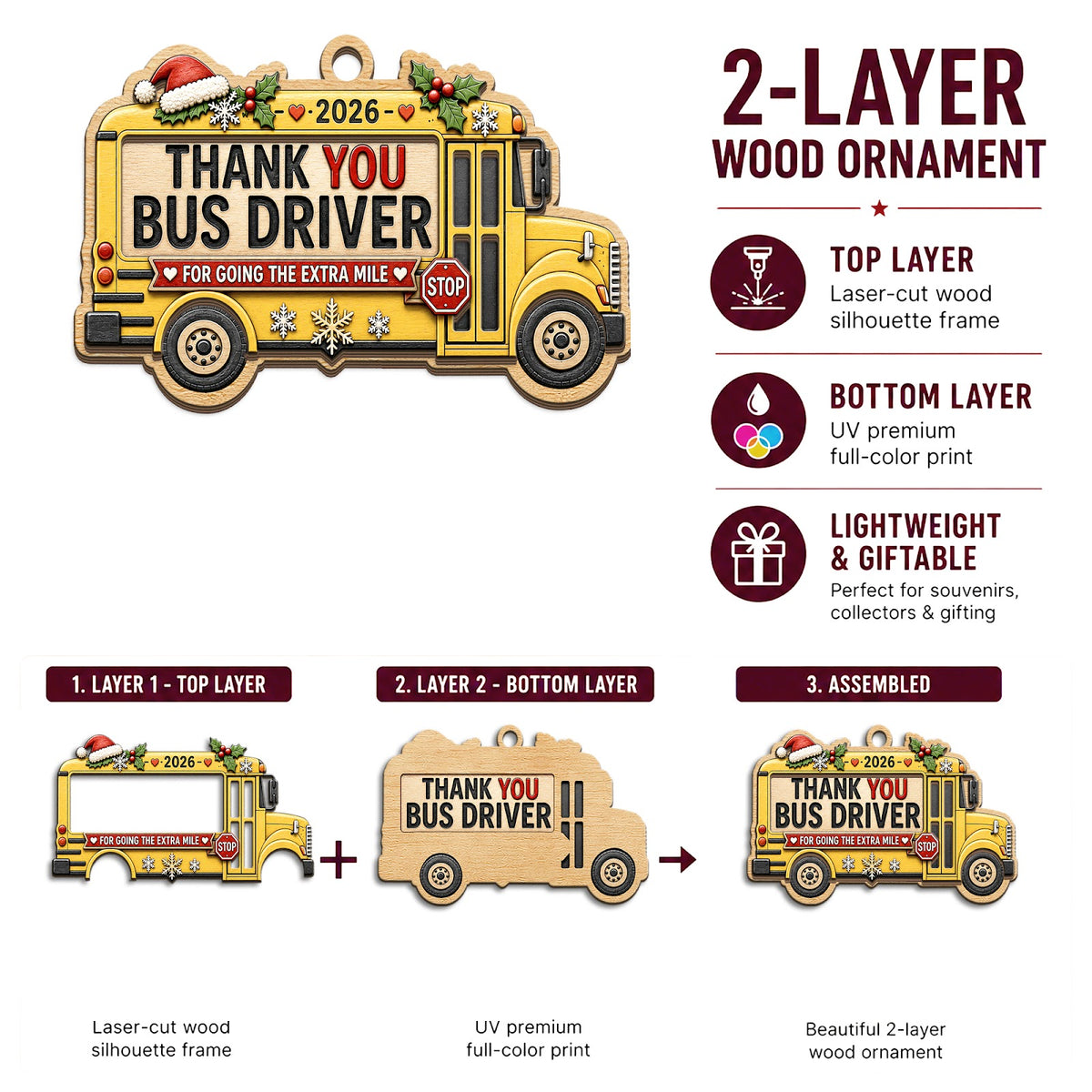 Bus Driver Wood Christmas Ornament