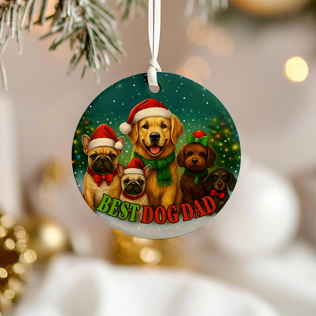 Dog Dad Christmas Ornament, Best Dog Dad Five Dogs Gift, Ceramic Hanging Tree Decoration