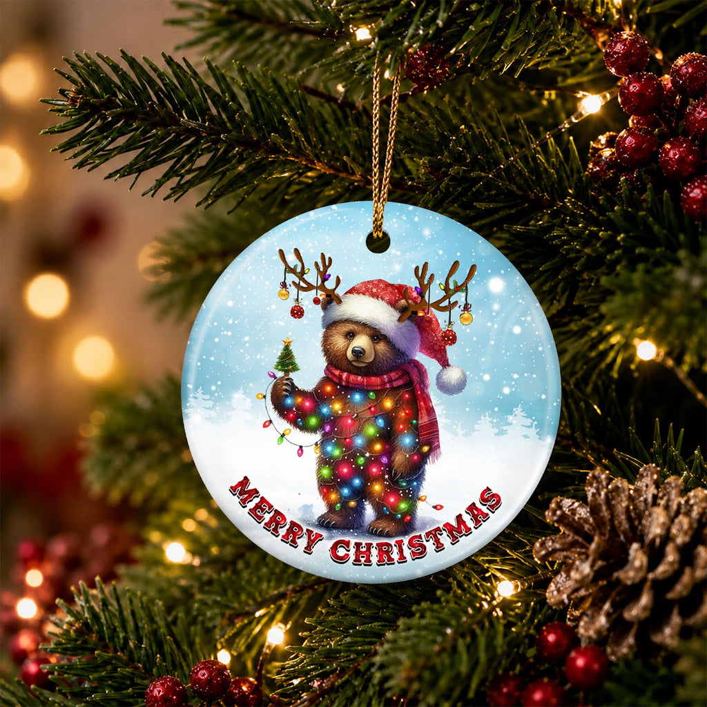 Bear Christmas Ornament, Santa Hat Antlers Cabin Gift, Ceramic Hanging Tree Decoration
