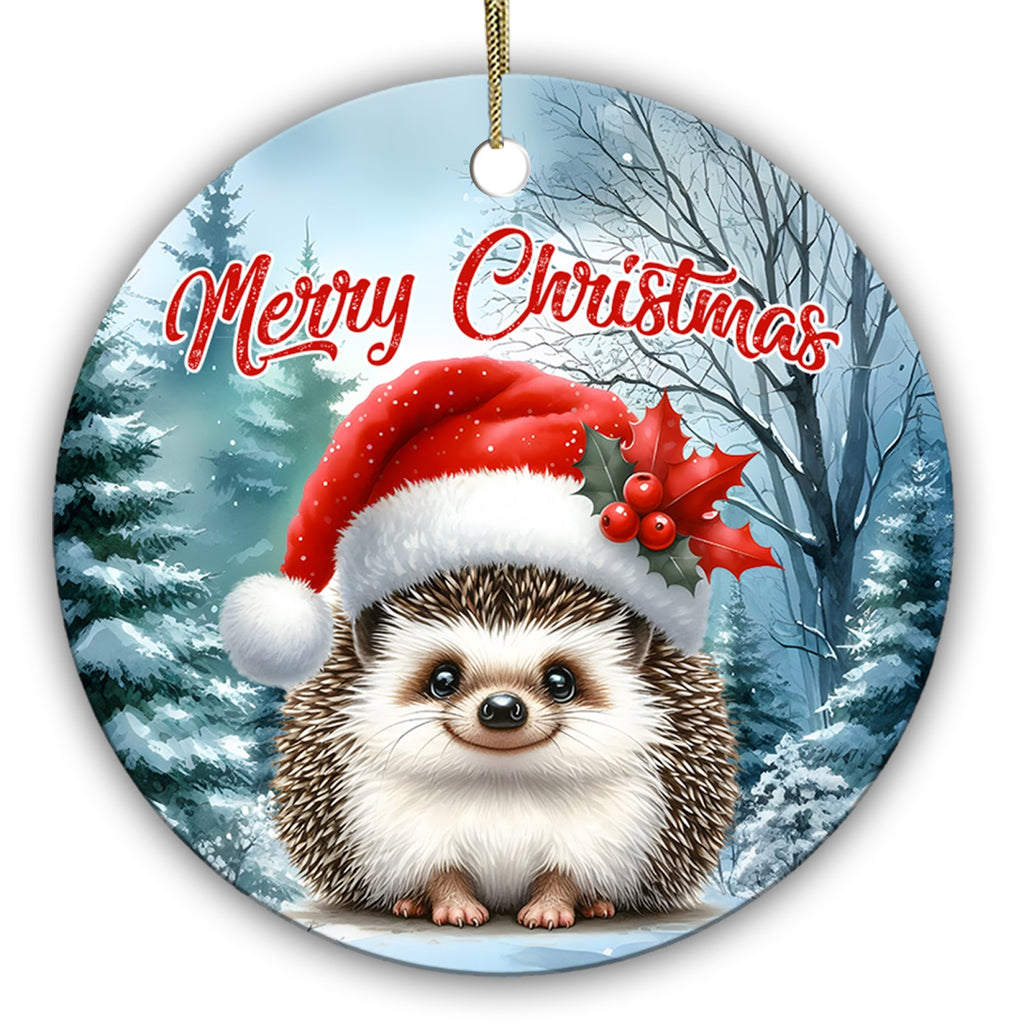Chubby Hedgehog in an Oversized Santa Hat With Holly. Ceramic Keepsake for Hedgehog and Small Pet Owners.