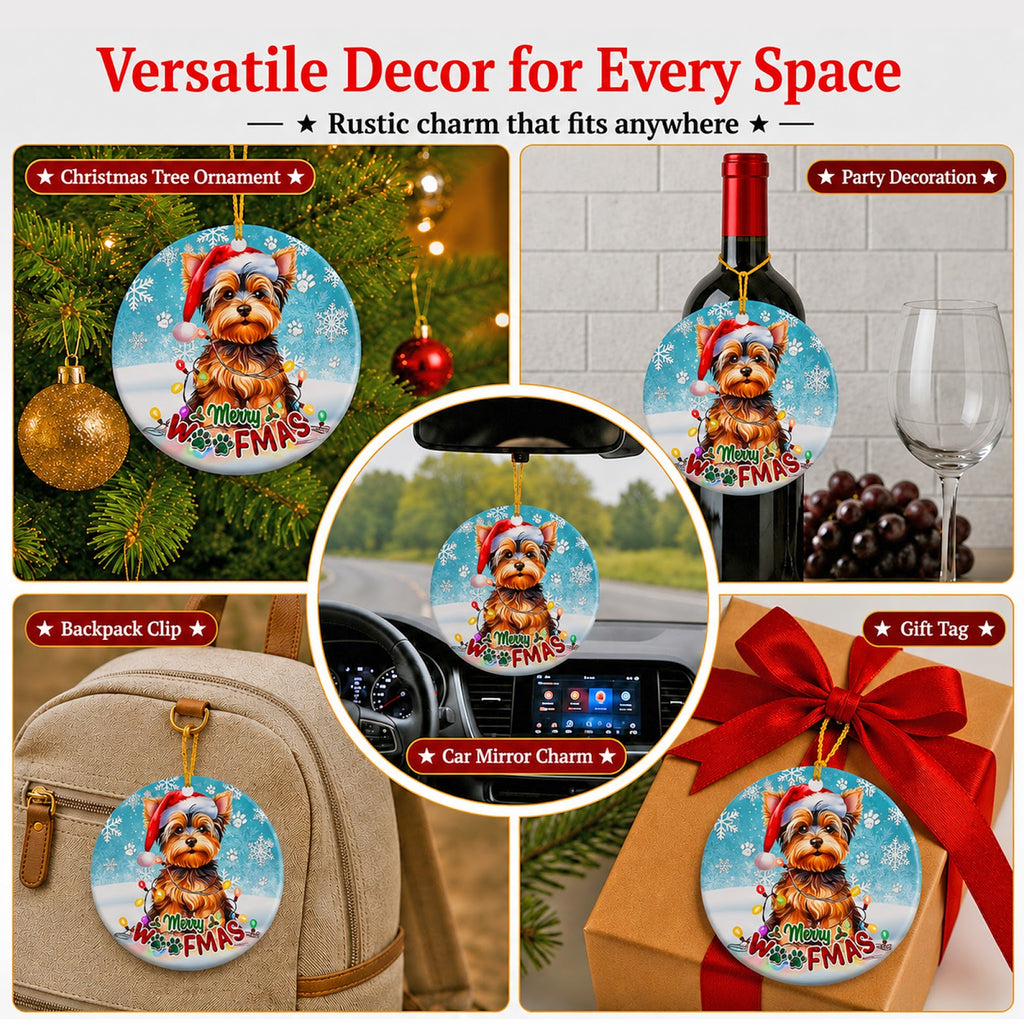 Yorkie Christmas Ornament, Merry Woofmas Dog Lover Gift, Ceramic Hanging Tree Decoration
