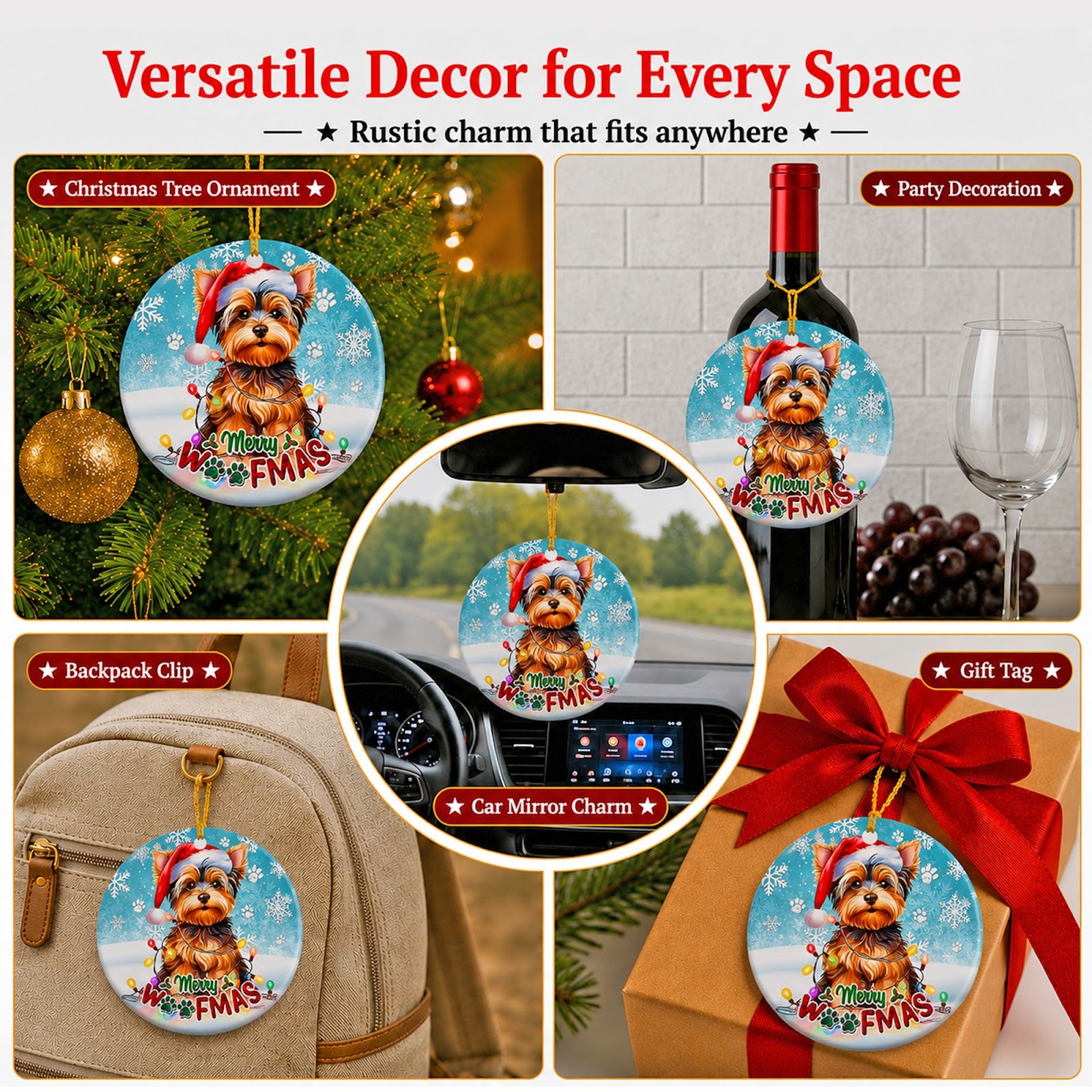 Yorkie Christmas Ornament, Merry Woofmas Dog Lover Gift, Ceramic Hanging Tree Decoration