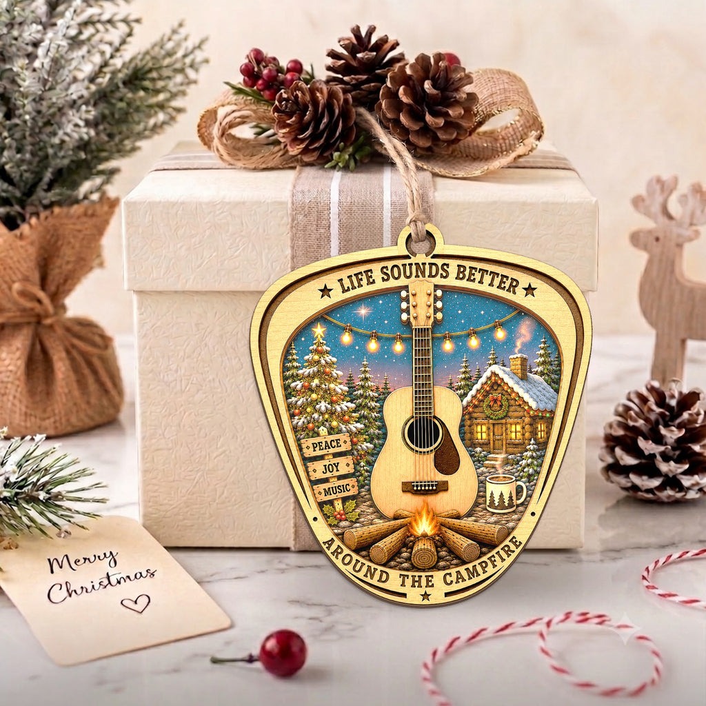 Guitar Campfire Music Outdoor Christmas Ornament, Stocking Stuffer For Guitarist, Wood Ornament