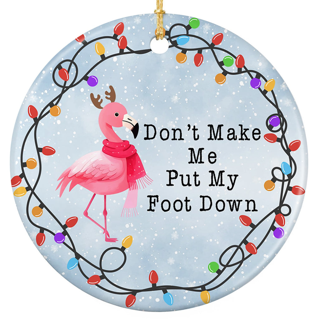 Pink Flamingo in Brown Antlers and a Scarf Standing on One Leg Inside a Light Wreath. Ceramic Keepsake.