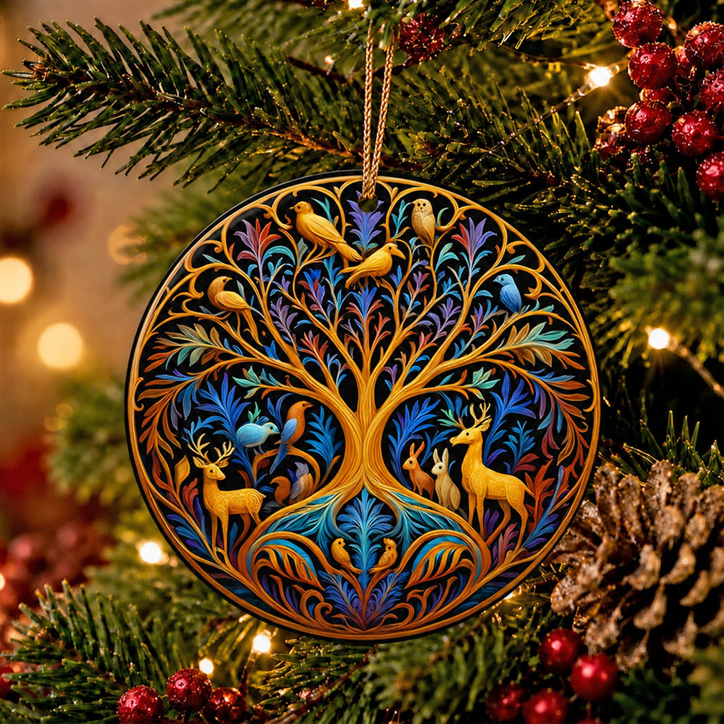 Tree Of Life Christmas Ornament, Woodland Deer Birds Nature Gift, Ceramic Tree Decoration