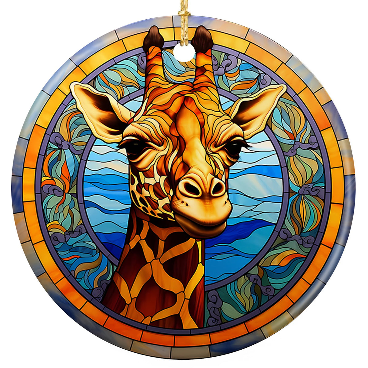 Golden Giraffe Framed in Teal Glass and Orange Mosaic. Ceramic Keepsake for Safari, Zoo and Animal Lovers.