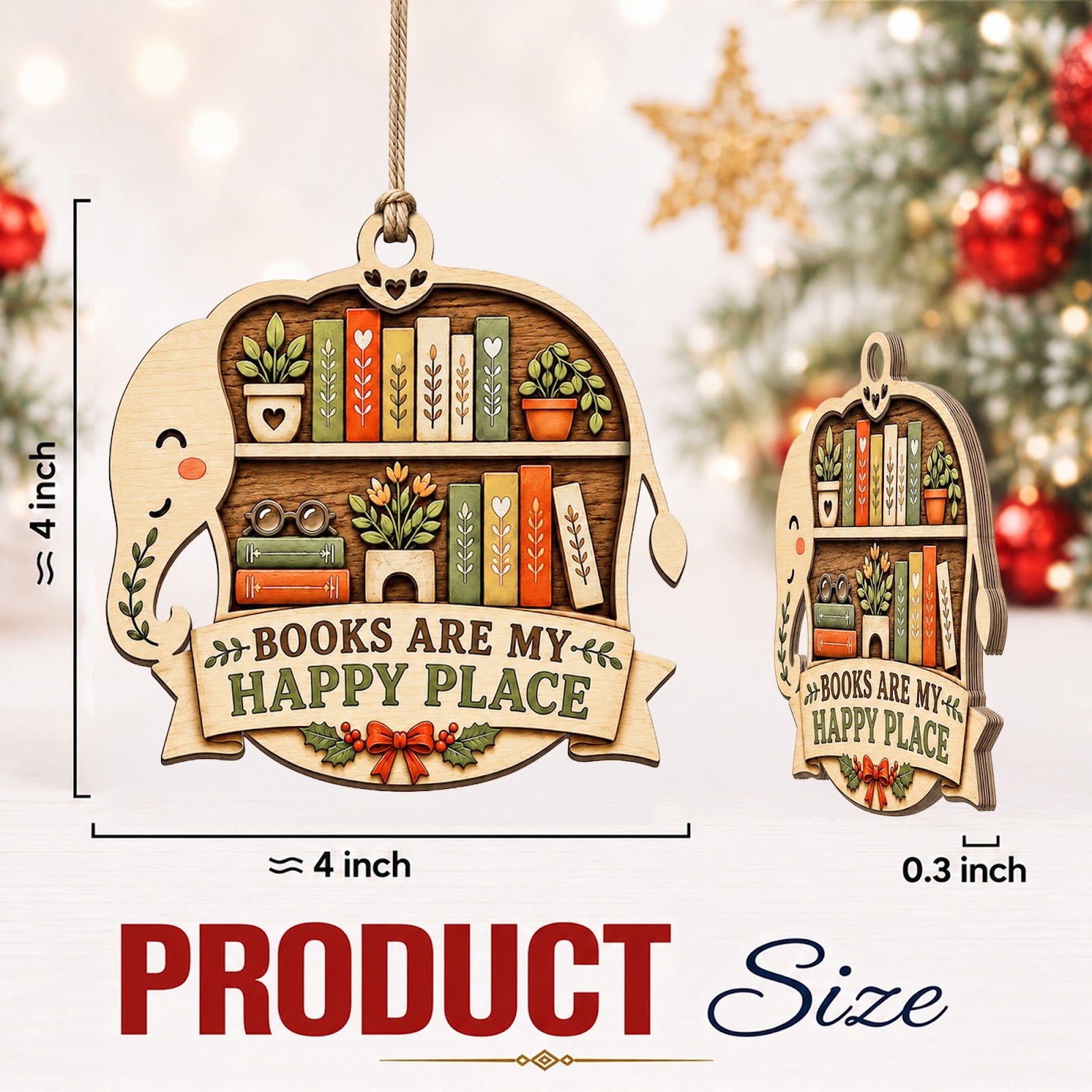 Elephant Book Reader Jungle Art Christmas Ornament, Elephant Reader Keepsake, Wood Ornament