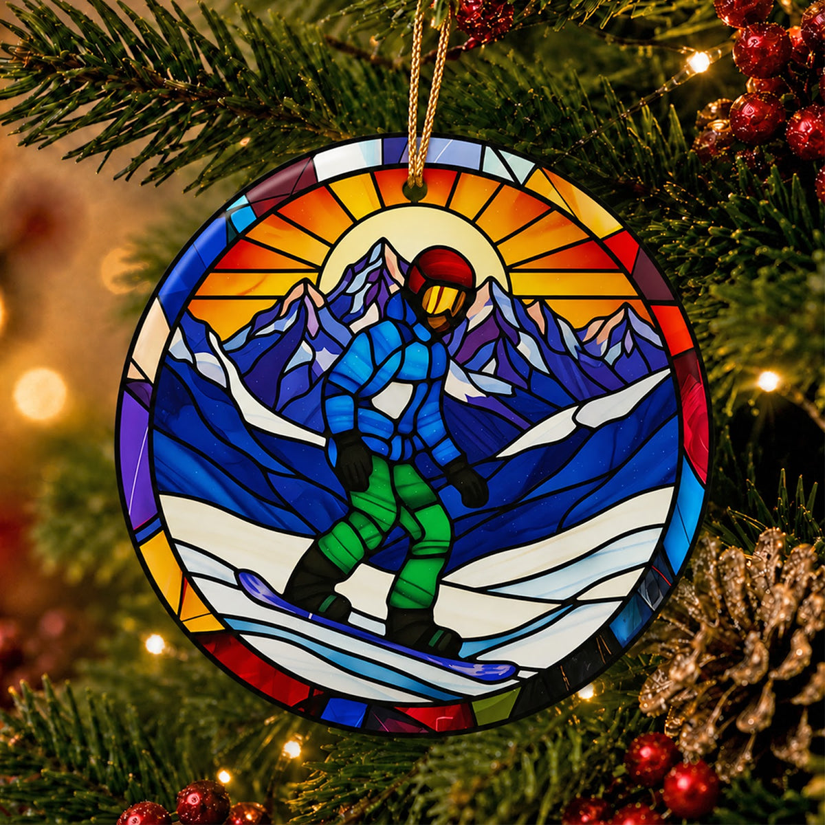 Snowboard Christmas Ornament, Stained Glass Ski Slope Gift, Ceramic Hanging Tree Decoration