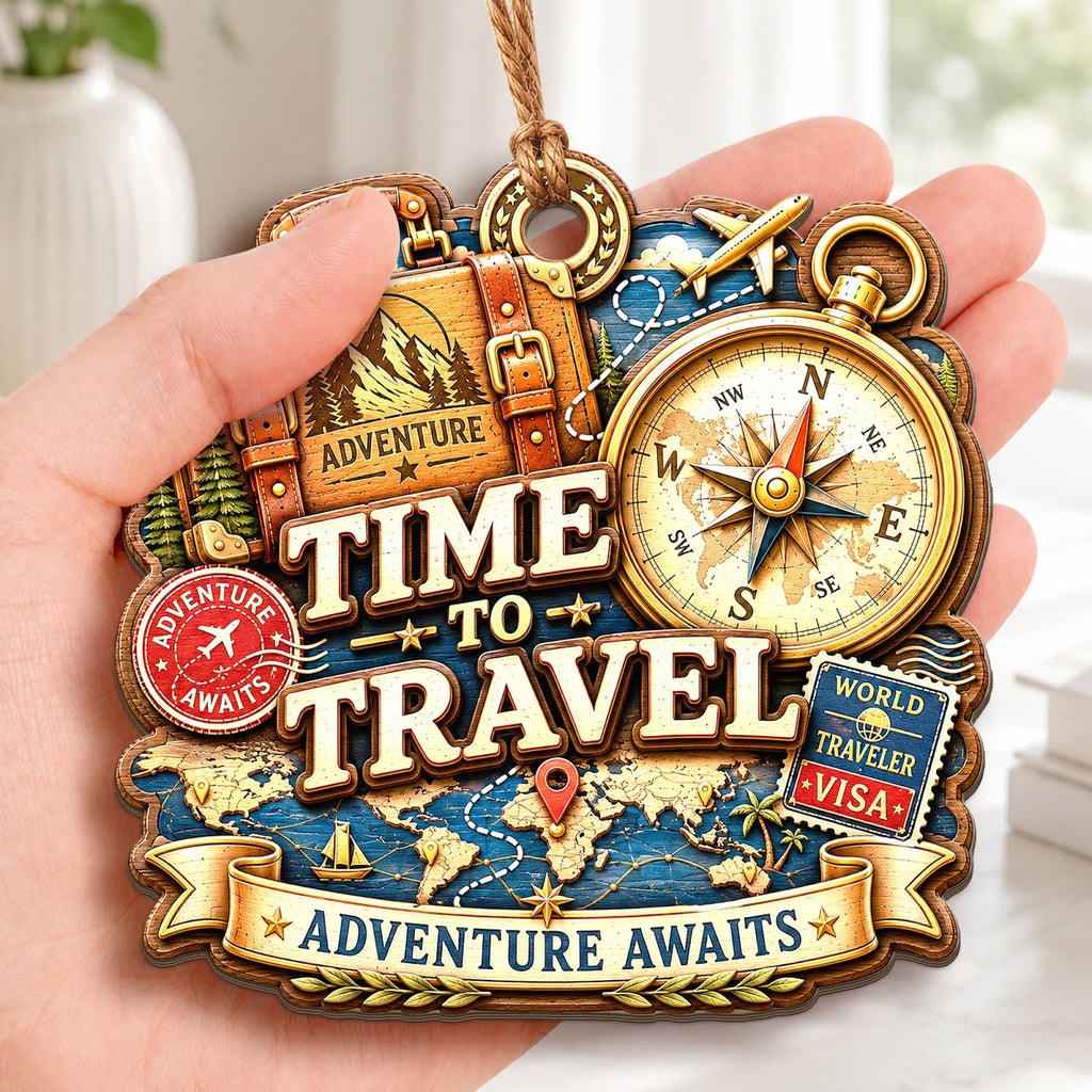Time To Travel Explore World Christmas Ornament, Stocking Stuffer For Explorer, Wood Ornament