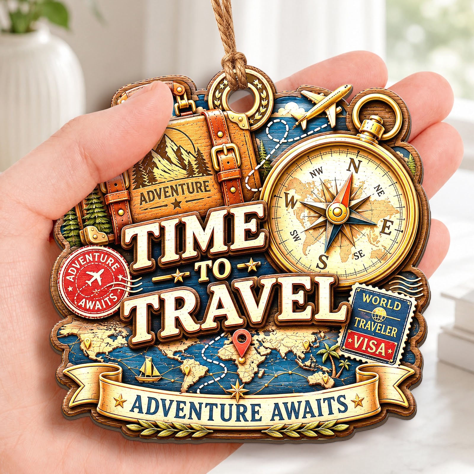 Time To Travel Explore World Christmas Ornament, Stocking Stuffer For Explorer, Wood Ornament