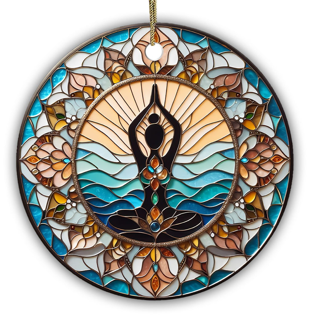 Lotus Pose Silhouette With Seven Chakra Gems Above a Glass Sunrise. Ceramic Keepsake for Yoga Teachers.