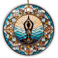 Lotus Pose Silhouette With Seven Chakra Gems Above a Glass Sunrise. Ceramic Keepsake for Yoga Teachers.