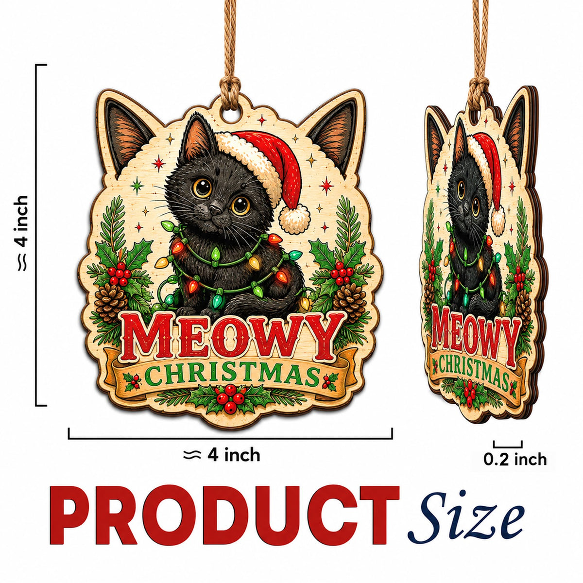 Black Cat Christmas Ornament, Stocking Stuffer For Cat Mom, Wood Hanging Tree Decoration