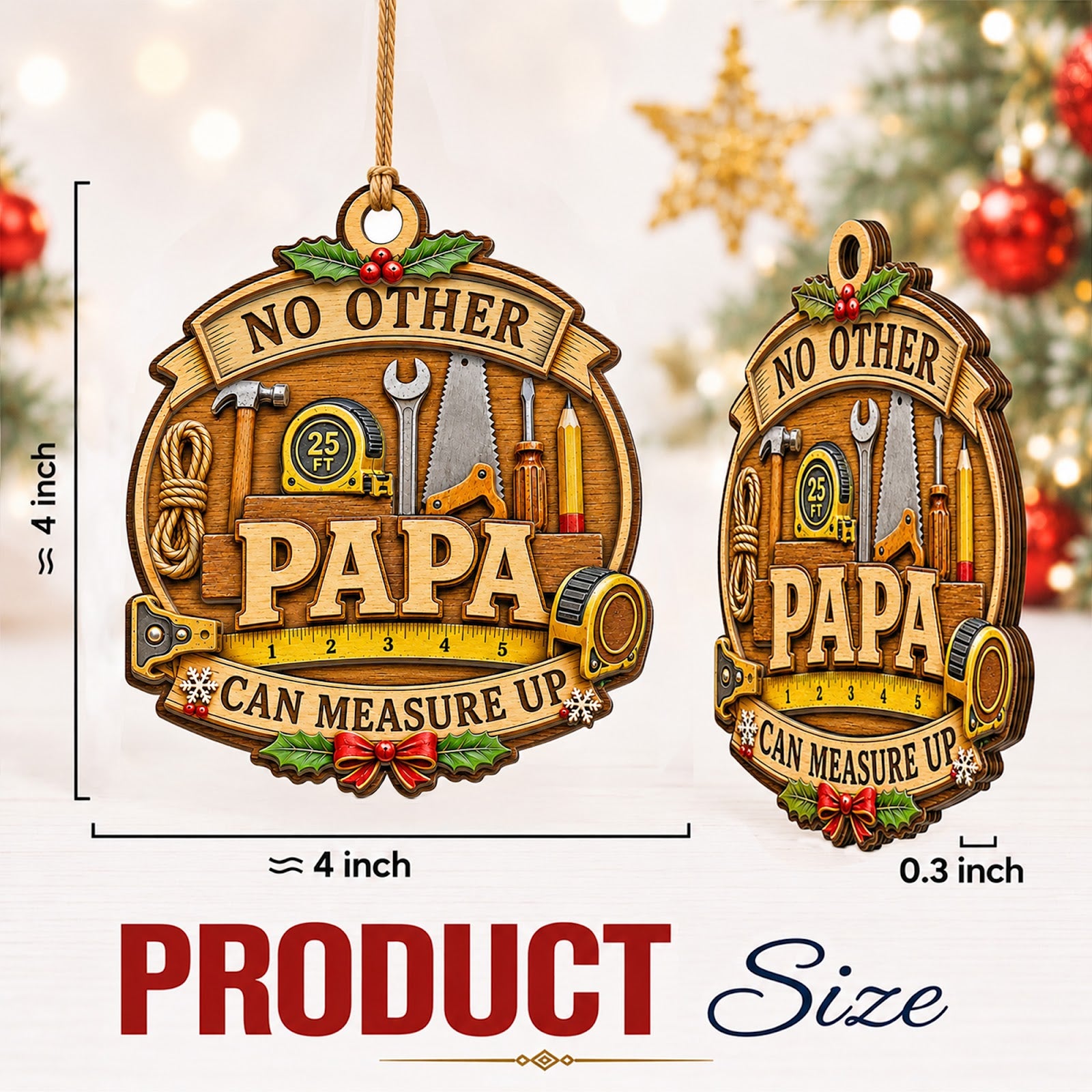 Papa Christmas Ornament, Grandfather Stocking Stuffer, Wood Hanging Tree Decoration