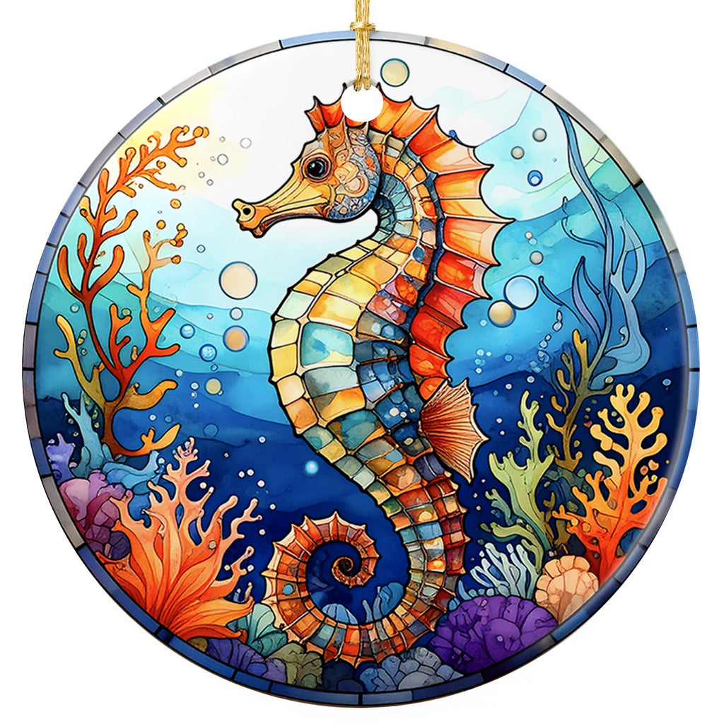 Orange and Teal Mosaic Seahorse Among Coral and Bubbles. Ceramic Keepsake for Beach and Coastal Decorators.
