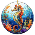 Orange and Teal Mosaic Seahorse Among Coral and Bubbles. Ceramic Keepsake for Beach and Coastal Decorators.