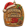 Barrel Shaped Ornament With A Bourbon Glass And Reindeer Fly Text. Fun Gift For Bourbon And Whiskey Lovers.