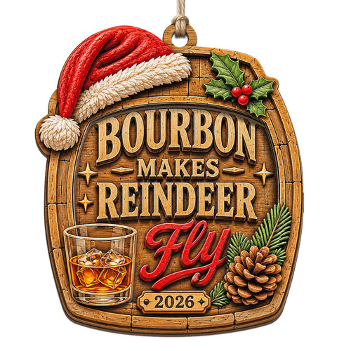 Barrel Shaped Ornament With A Bourbon Glass And Reindeer Fly Text. Fun Gift For Bourbon And Whiskey Lovers.