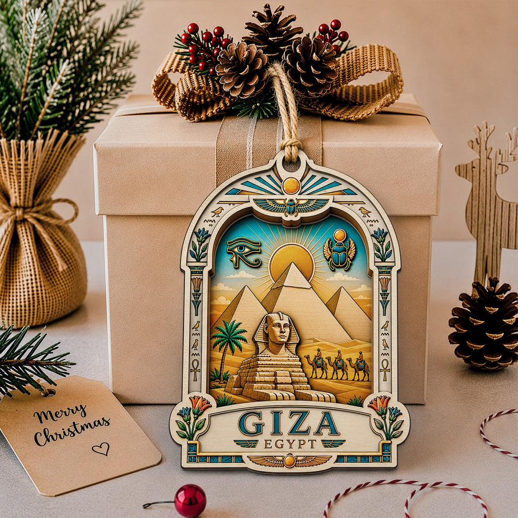 Egypt Christmas Ornament, Giza Pyramid and Sphinx Souvenir Gift, Wood Hanging Tree Decoration