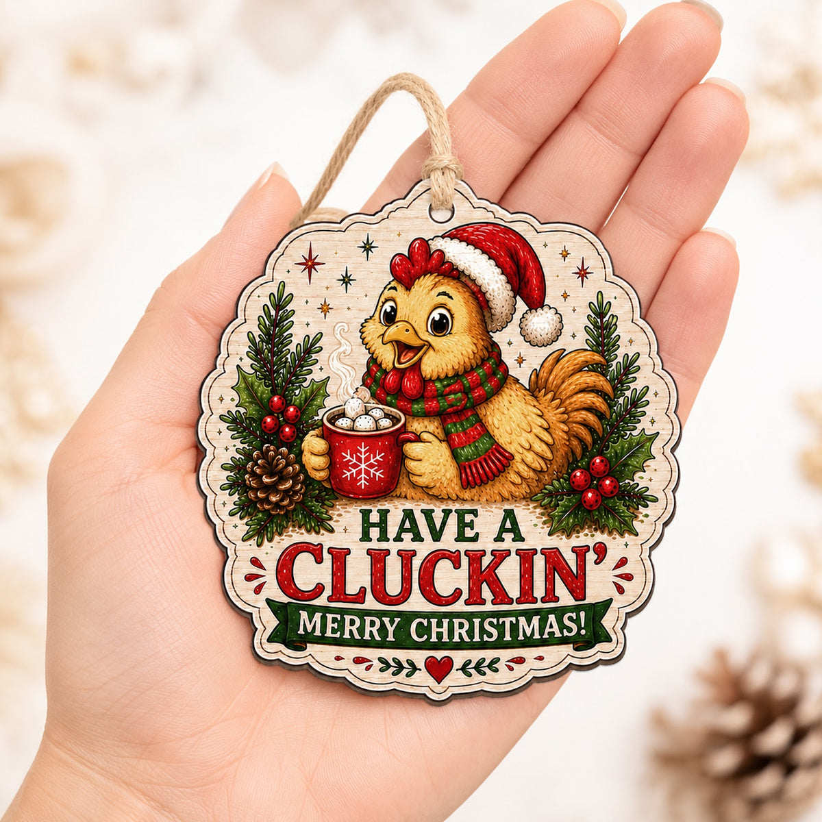 Chicken Christmas Ornament, Stocking Stuffer For Chicken Fan, Wood Hanging Tree Decoration